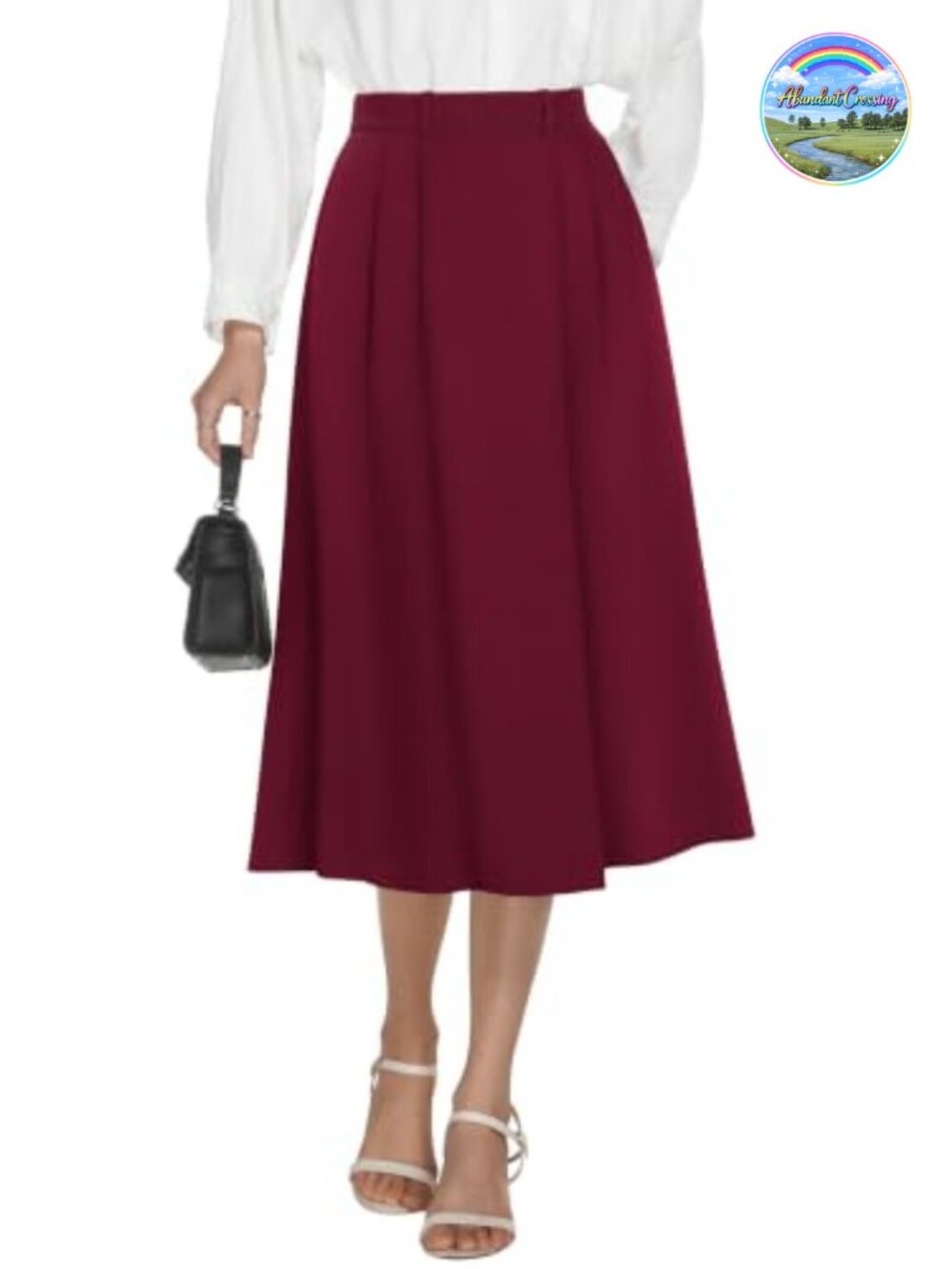 A-Line Midi Skirt High Waisted Pleated Business Casual Side Slit Pockets Work